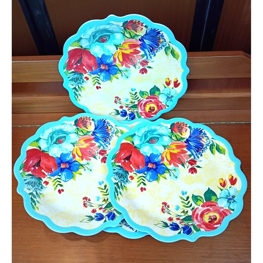 NEW The Pioneer Woman Set Of 4 Melamine Dinner Plates Delaney Teal